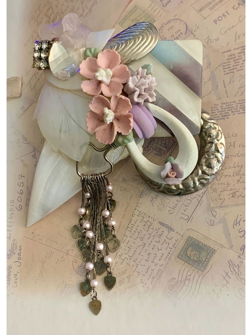 Vintage Mixed Media Floral Assemblage Dangle Drop Statement Brooch Pin